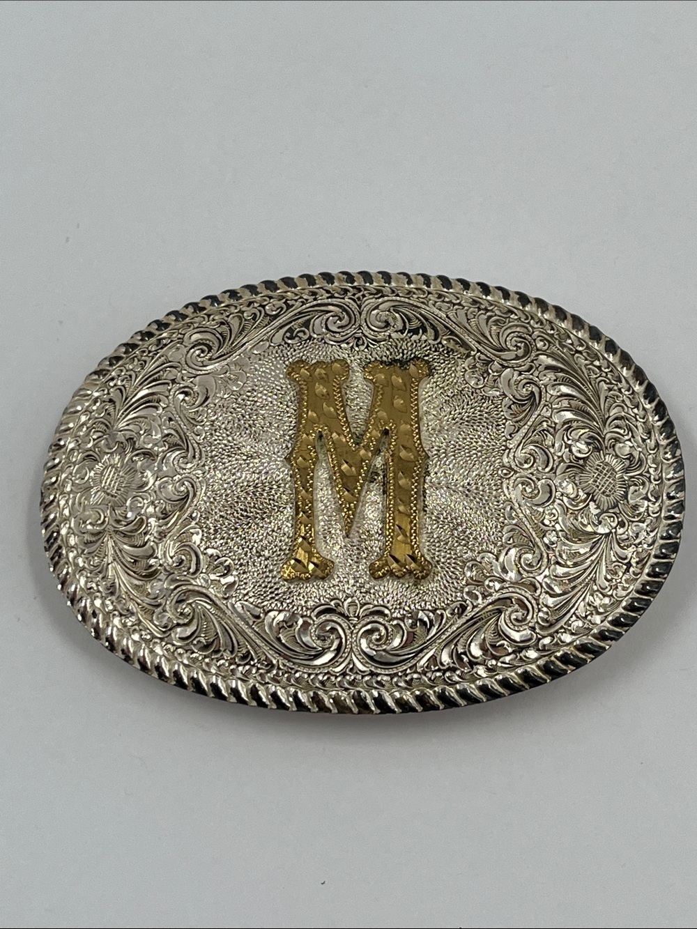 Vintage Crumrine San Marcos Silver Plated Western Belt Buckle – Initial M